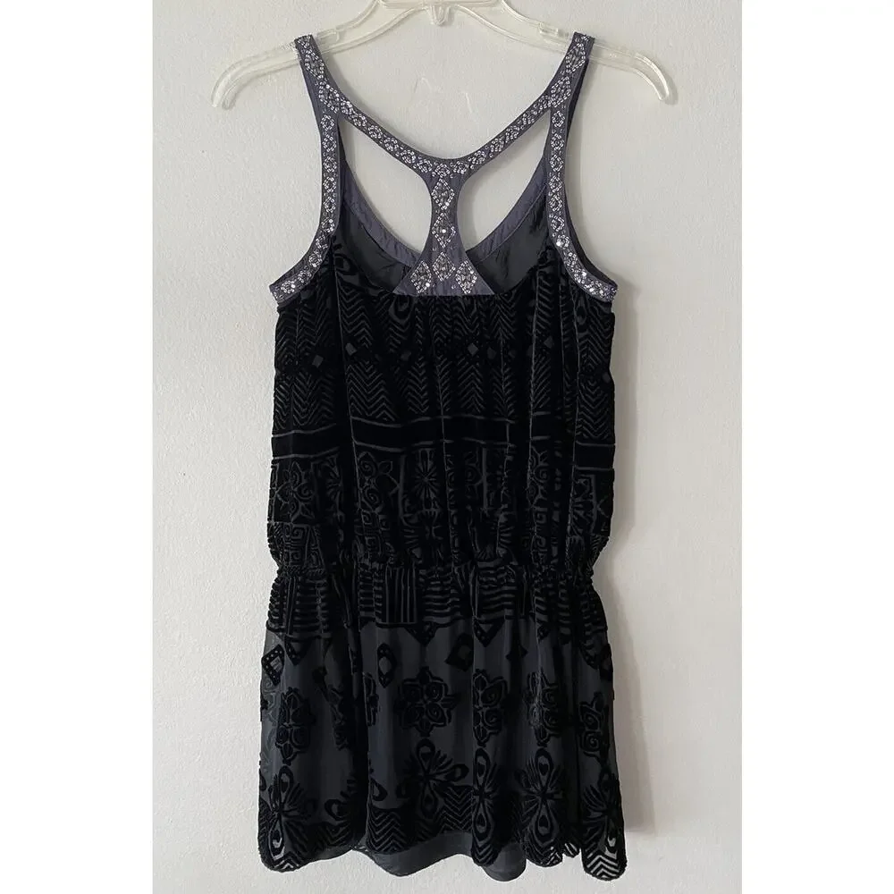 Free People FP Size 2 Black Velvet Burnout Tunic Top‎ Sequin Trim Dark Romantic